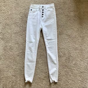 Kan Can White High Rise Button Fly Raw Hem Jeans